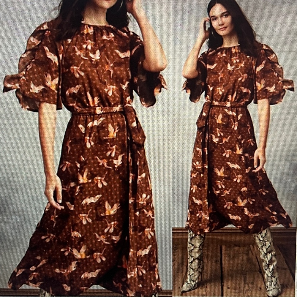 Happy X Nature Bird Print Polka‎ Dot Brown Ruffle Midi Dress Size Small Pockets
